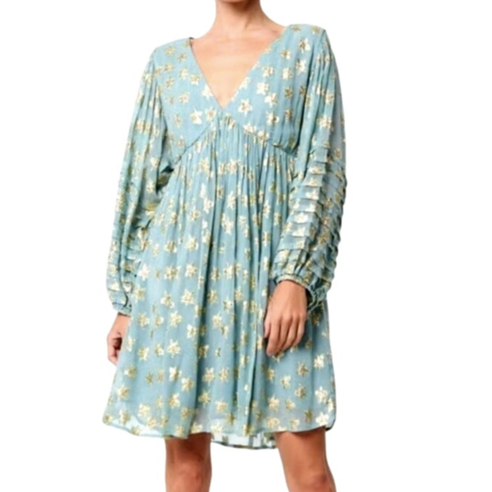 CIEBON Sallie Metallic Star Babydoll Dress XS Mint Gold Prairie Ruffle Whimsy